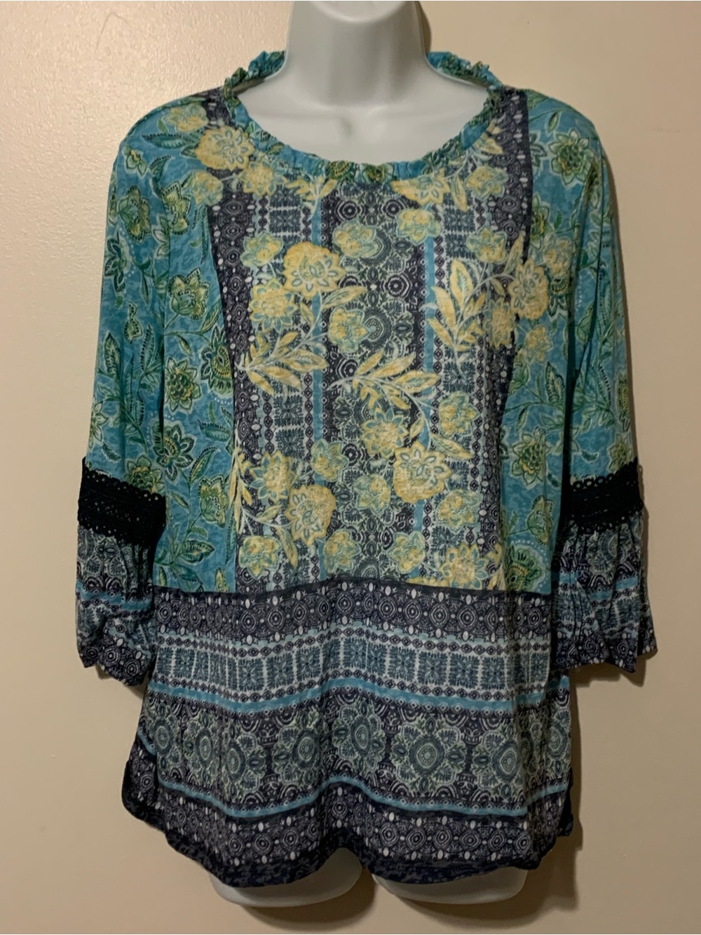 Ruby Rd. Teal, Yellow and Navy Floral Patchwork Blouse